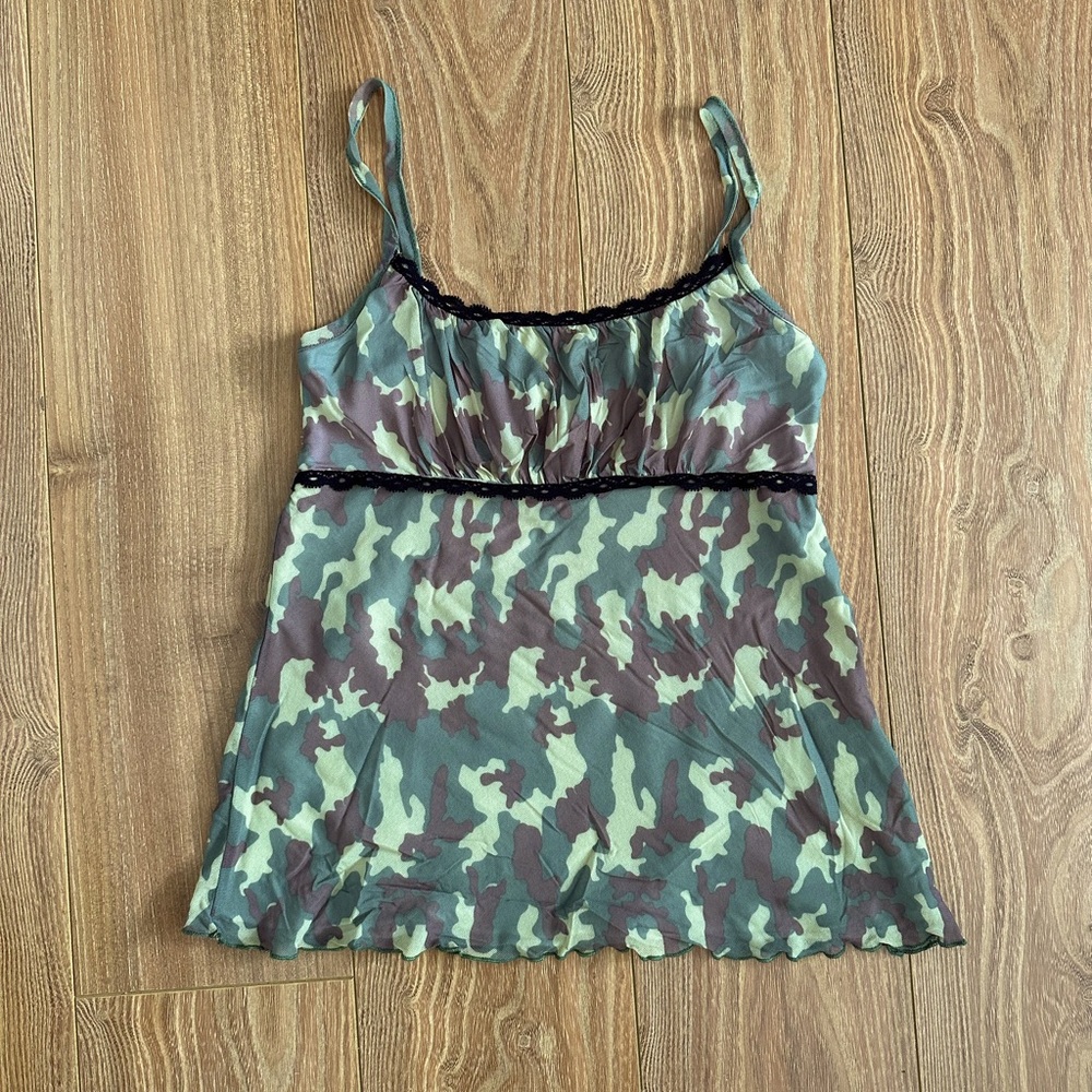 Bik Bok Y2K Mesh Camo Cami Top with Lace Trim